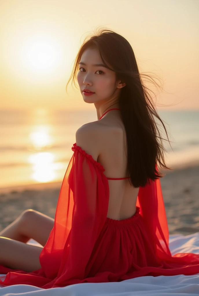 Beatiful Thai woman japanese look, 22 years old, perfect figure, medium breast, white and pinkish skin, black long hair, big round eyes, transparent red chinese robe, no-bra, Sitting on a beach bed, a canvas on the beach, looking at the sea, watching the s...