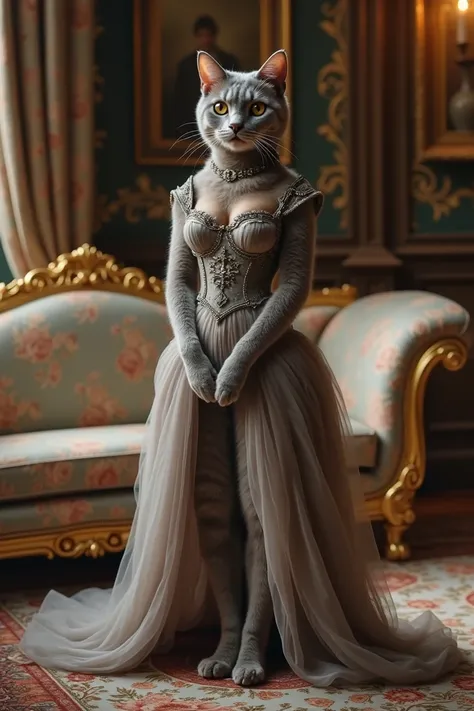 A female cat of ash color is standing on two legs and wearing a dress like a working queen against a background in a luxurious living room