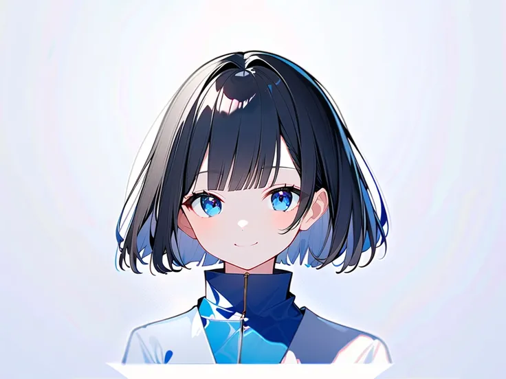 (( One Beautiful Girl )), ((Alone:1.3)),(( Short Bang )),(( black hair)),(( blue eyes)), (( shoulder length hair:1.2, short hair)),************, ((Warm smile)), ((White background:1.3)),(( see here )),((Upper body photo)),