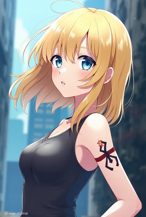  1 girl,  blue eyes ,  blonde hair, hunterxhunter character, medium hair,  high resolution , arm tattoo,anime