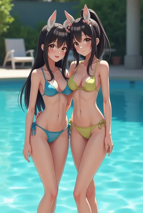 A Two girls in swimsuits standing by the pool , They have huge breasts, They are very tall, They have long legs, They are 10 heads tall, She is Japanese, they have white skin color, huging and there at each other ass, A photo showing the feet. looking to t...