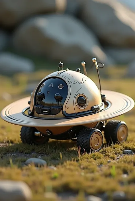 a realistic photo of a small robot with a Saturn body