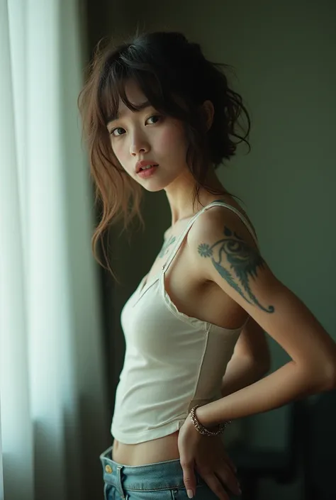 editorial_photography,super_detailed_background,Super_realistic,double_exposure,depth of field,super_slender_skinny vibes,soft_focus bright tone,narrative_scene,brilliant_beautiful_Japanese_female fused with nymph,straight_short_hair,curly_long_bangs,mythi...