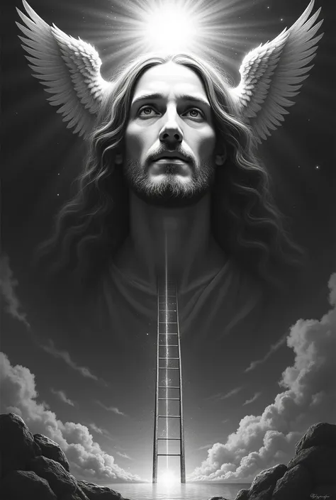 Create the face of Christ with a ladder and portal to heaven and the archangels in black and white 
