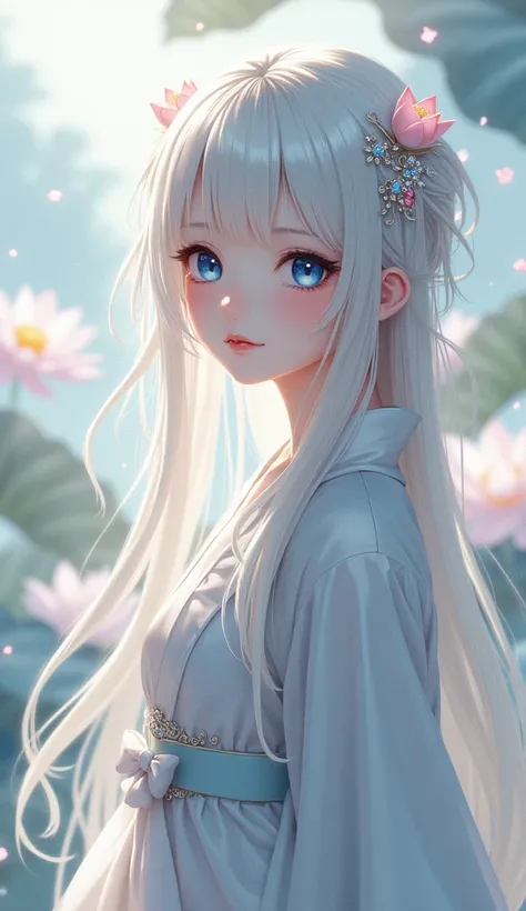 A mid-shot anime-style portrait of a beautiful young girl radiating elegance and nobility. She has delicate features,dark blue eyes,and flowing white hair adorned with luxurious accessories. She wears a silver-white,semi-transparent opulent robe that seaml...