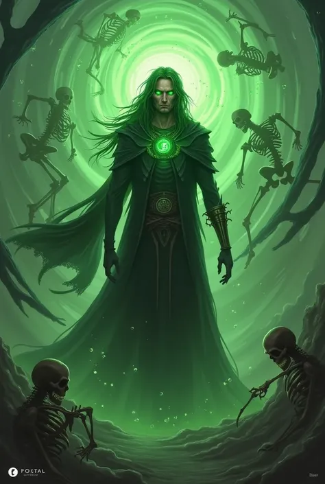 A NECROMANCER GREEN-HAIRED MAN EXUDING A LIGHT GREEN AURA WITH MACABRE SKELETONS SURROUNDING HIM