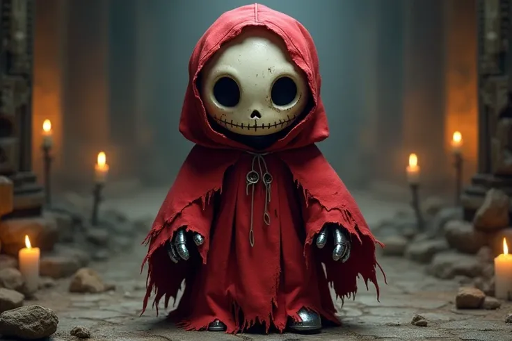 A mysterious and eerie fantasy character inspired by Shy Guy from the Mario franchise, designed as a Dungeons & Dragons Autognome cleric. The character is small, with a metallic body entirely hidden under a tattered red robe, its frayed edges swaying as if...