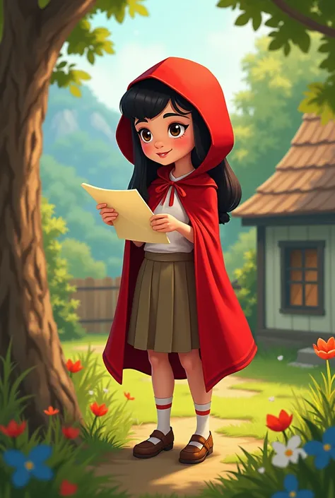 Little Red Riding Hood reading a letter but that it is more cartoonish and not so funny and that Little Red Riding Hood doesnt seem so small and that she is in the yard of her house