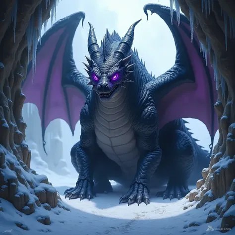 Giant dragon , , negro, Of roasts and immense syrup   com magia roxa saindo de seus olhos e escapamos,  Of roasts and immense syrup , sitting and looking at the camera in a snowy cave , realistic