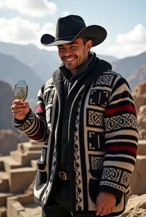  Create me a coat with Peruvian details with MACHU PICHU details whose main color is black and white

Believe me a 25-year-old dressed in a jacket with Peruvian details with MACHU PICHU details whose main color is black and white, standing on a sunny day a...