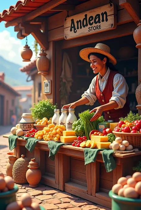  You can generate an image that has milk, QUESO,  vegetables and eggs with the following text  "ANDEAN STORE " in Spanish