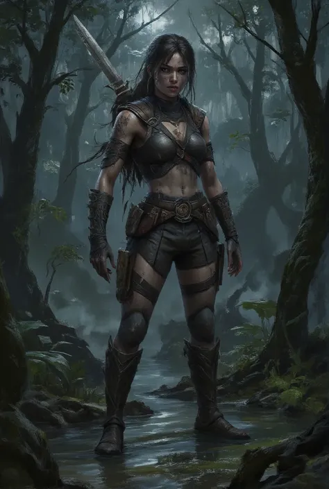 an image applying the rule of thirds leaving in the center a beautiful gifted young tomb raider sweaty in a swamp in a thick jun...