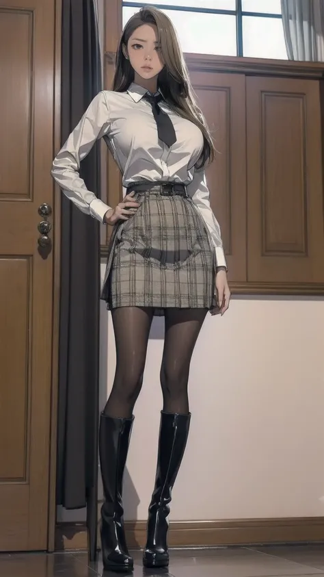 masterpiece,  best quality,  high definition ,  Big Breasts ,  Thin Waist, Long legs, Thin legs, Business shirts, Roll up your sleeves,  ties,  Plaid Skirt ,  pantyhose, Tight long boots, Earrings