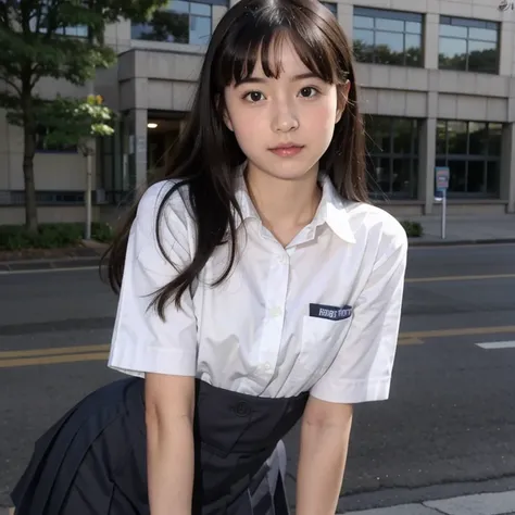 there is a woman in a school uniform posing for a picture, a hyperrealistic schoolgirl, hyperrealistic schoolgirl, realistic schoolgirl, beautiful anime high school girl, cute schoolgirl, jk uniform, girl in real life, realistic, realistic young girl, fubu...