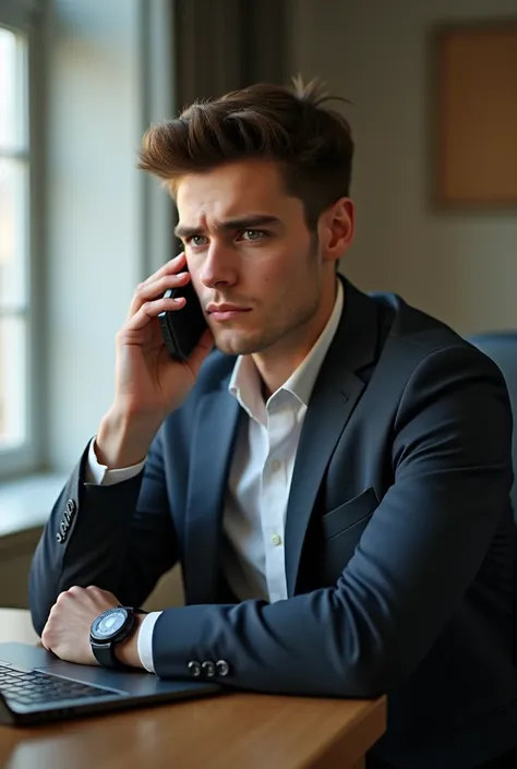 Generate a FORMALLY DRESSED YOUNG man on a phone call with a curious face (realistic)