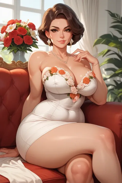 a mature woman, plump body, with voluminous dark brown hair, captivating brown eyes, an little smirk, soft skin, large and toned thighs, defined arms, a wide waist, and a large, rounded butt, huge boobs. Sitting in a couch, wearing a flower dress.