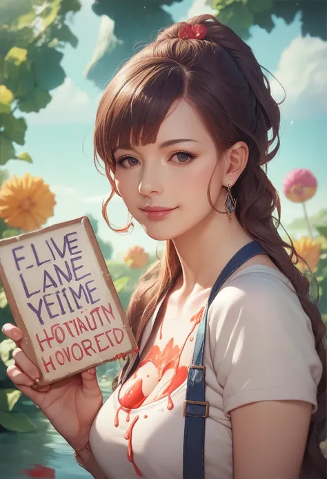  A beautiful and charming lady holding a sign. "I love the infinite Angimar ", happiness, happiness的, anime illustrations, reality, paint