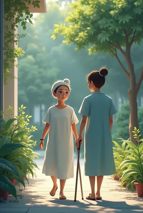 The patient walks alone but with the supervision of a nurse or some minimal support (cane)