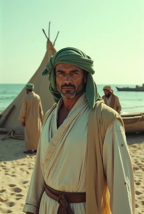 A scene from a 1950 film, shot using 1950s Super Panavision Film Stock, 70mm, with visible film scratches, vintage, and retro elements. Set in the year 600. Abu Bashir, around 35 years old, wears a worn-out white robe with a tattered green headscarf. Stand...