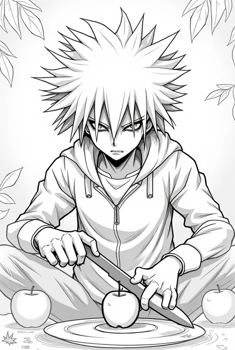 The image is a black and white sketch of a character with spiky hair, holding an apple and a knife, set against a blurred background with some leaf-like elements. The character is stylized with sharp lines and dynamic poses, giving a sense of movement and ...