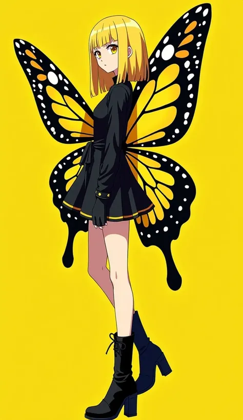   anime a smirk teen with long bowl cut blond hair and yellow eyes wearing black and yellow post modern punk clothes with high heel boots and large torned black and yellow butterfly wings, side-view, yellow background, anime style