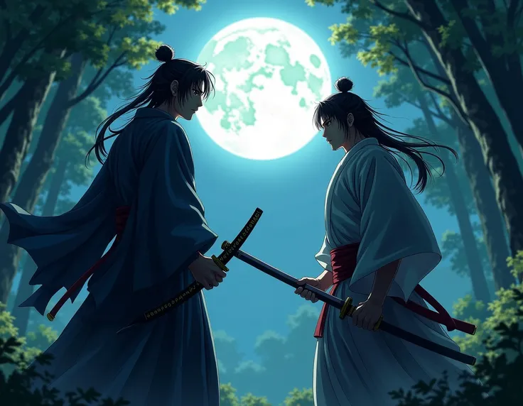 , a mobile wallpaper with a man who wears Japanese-style clothing, holds a katana in his hands and stands in front of his opponent in a forest,  Under the light of the full moon , maintaining an intense and epic atmosphere in anime style 