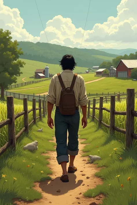 Black-haired man walking on the farm 