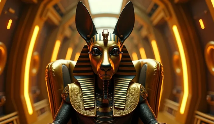 egyptian god Anubis´s head and face, sitting on gold chairs with a plug conected in the head like matrix movie, pumped through tubes, spaceship inside background, frank miller color style, 85mm lens, optics, dispersion, glare, shadows, harsh, shimmering, r...