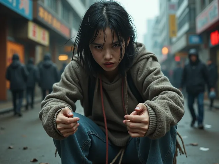 Draw a vicious Korean woman who begs on the street in rubber shoes and extorts the wealth of a weak person with violence and abusive language because she cant beg