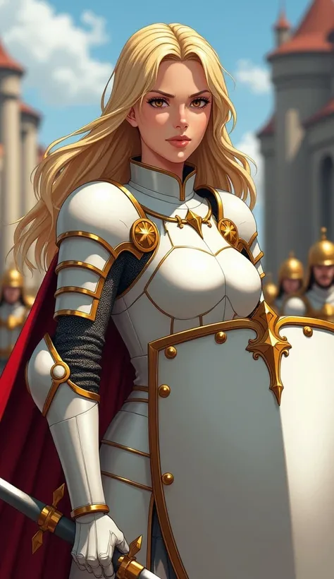   anime a strong mature 50 year old woman with long well kept blond hair and brown eyes wearing a full medieval white armor with gold details with a serious  expression on her face while holding  a massive elegant white towershield, patroling the streets a...