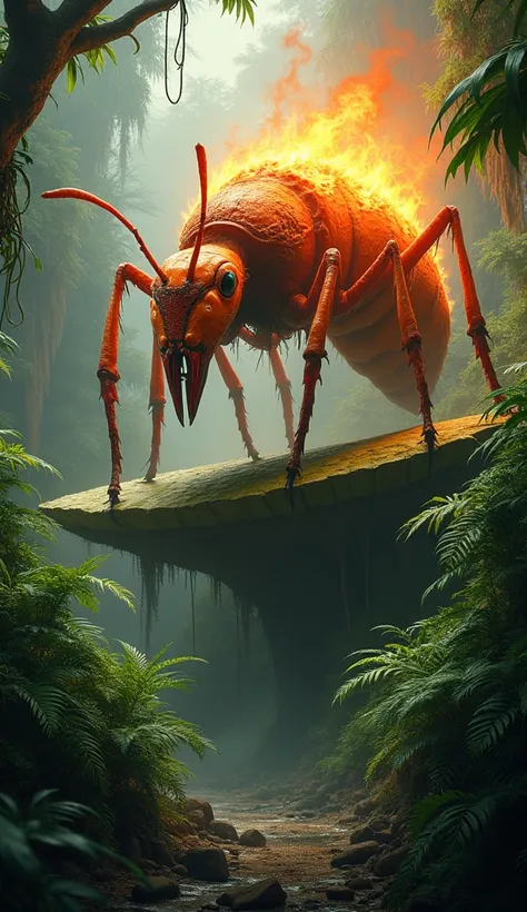 Creat a realistic firey image of massive ant in the jungle on leaf