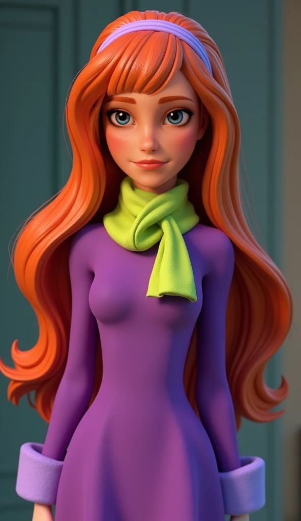 Daphne Blake from "Scooby Doo" as a 3D CGI character rendered. Wearing a purple dress with lavender sleeve cuffs. Redhead hair with bangs and a lilac heaband, realistic gorgeous hair texture, purple eyes, lime green cute scarf, smart and cute. Pixar qualit...