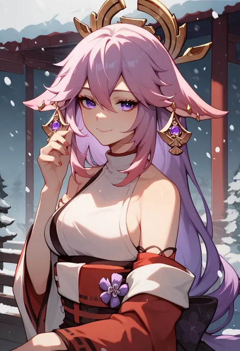 [[[[yae miko]]]], lilac hair, gradient hair, purple hair, dark red japanese clothes, solo, snowing, [[off-shoulder, floppy purple ears]], light smile