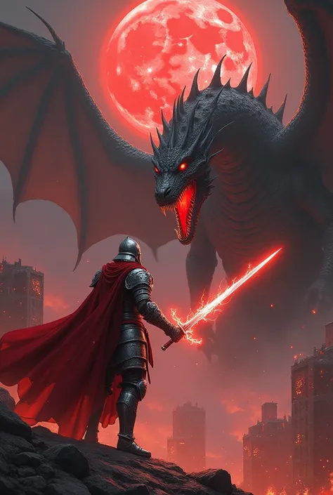 A knight in full silver armor with a red cape battling a massive eldritch dragon to protect a maiden, sword covered in red flame and lightning, holding a javelin made of pure red lightning in his left hand. Destroyed city background with a massive blood mo...