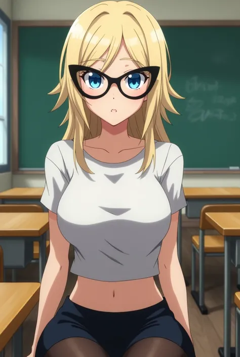 screenshot of my hero academia, light blonde hair,  bright blue eyes, (((oversized cat-eye glasses))), T-shirt revealing her slim and curvy waist, slim with huge breasts, ((huge sexy breasts)), sitting at a table in a classroom, with his cold gaze, wears a...