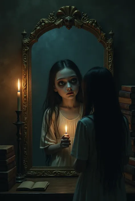 a scary evil girl holding candle looking at a mirror 