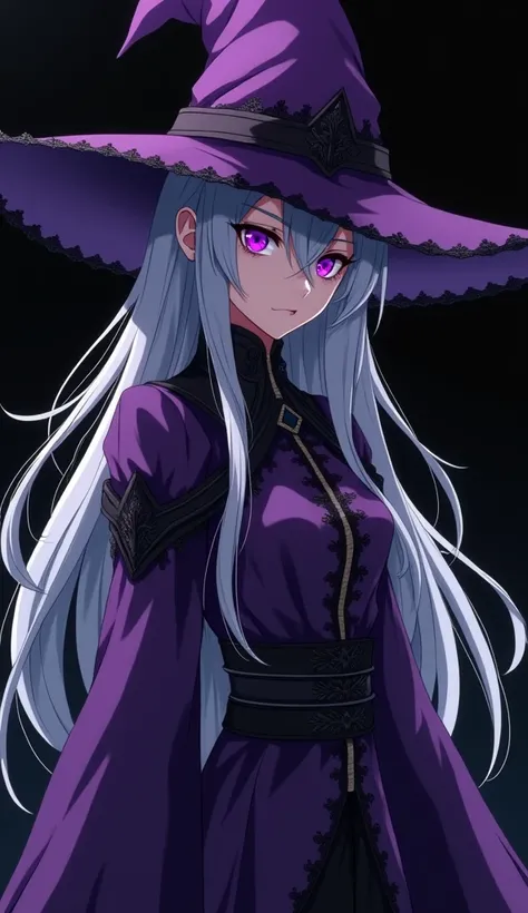 dark shadow shilloute mysterious 20 year old long silver hair female witch with bright light purple eyes wearing high detailed purple medieval clothes and a purple witch hat with black details  while standing in an intimidating pose while facing side-ways ...