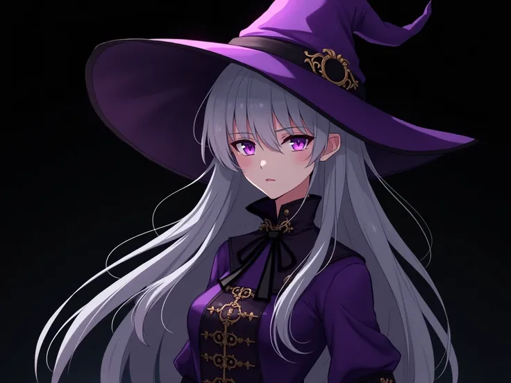 dark shadow shilloute mysterious 20 year old long silver hair female witch with bright light purple eyes wearing high detailed purple medieval clothes and a purple witch hat with black details  while standing in an intimidating pose while facing side-ways ...