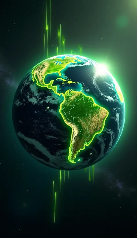  A symbolic illustration showing planet Earth seen from space,  with the Amazon highlighted in pulsating green , symbolizing a beating heart .  Energy lines flow from it to the rest of the world ,  symbolizing its global impact on climate and life .  
