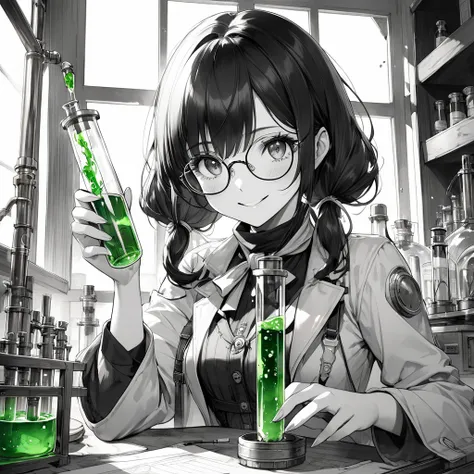 Masterpiece, Ultra detailed, Illustration, Monochrome, Grayscale, Black and White,

Steampunk, Watercolor, Steampunk laboratory, A girl pours liquid from a steampunk still into a test tube,Rough sketches from the 1980s that pay tribute to Hayao Miyazaki,

...