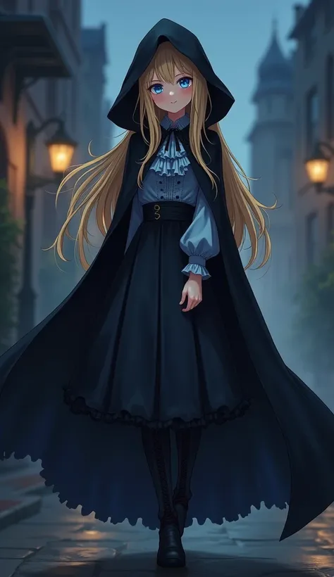 dark shadow shilloute young and innocent smirking medieval spy 18 year old girl with long blond hair and blue eyes wearing a victorian black blouse with a matching skirt over a frilled blue shirt with a black hood over her head with a black cloak and long ...