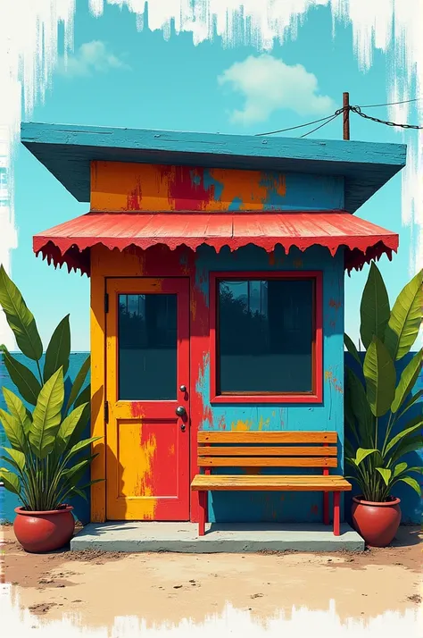 Create an image that is a waiting shed but with the design of color combinations  with BIGGS DINNER in the Philippines  with color Blue, Red and Mustard Yellow and like paint strokes dont put tables and chairs just plain waiting shed