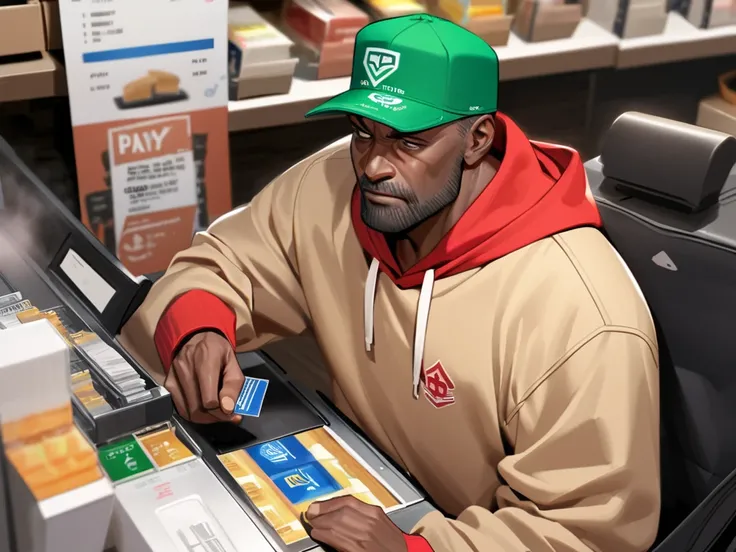 The 38 year old black american with a red hoodie and green cap is at a store about to use his pay card to make payment. Slim build. He has some facial hair.