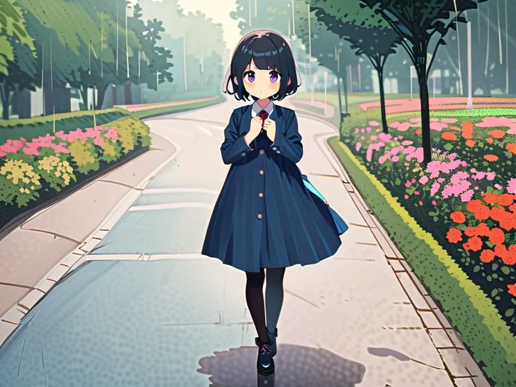  1 girl,  black hair short , umbrella, Walking Park, rain