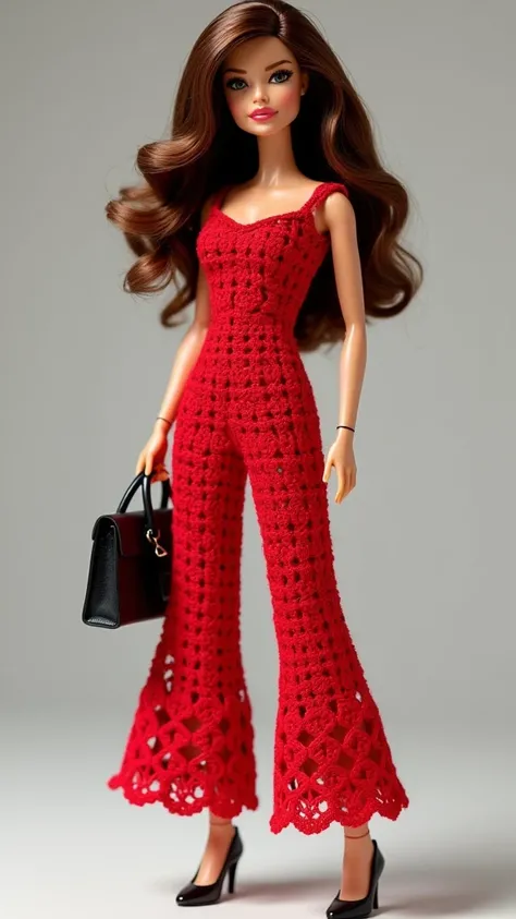 A beautiful brunette Barbie doll wearing a red
 jumpsuit crocheted with cotton yarn, She wears a black shoe , black bag ,  full body  