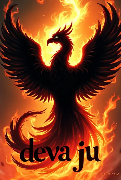 Phoenix outline in black with flames around it with the words Deva Ju bold at the bottom