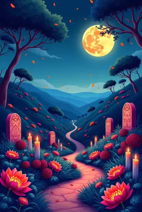 Simple Day of the Dead landscape, in 2D without characters ,  at night and too simple, too simple , more colorful