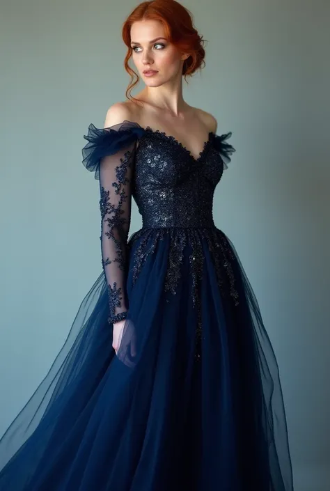 Red-haired low-bun blue-eyed dress in a navy blue glitter dress with long sleeves full length