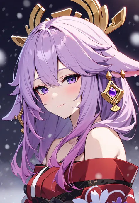 [[[[yae miko]]]], lilac hair, gradient hair, purple hair, dark red japanese clothes, solo, snowing, [[off-shoulder, floppy purple ears]], light smile