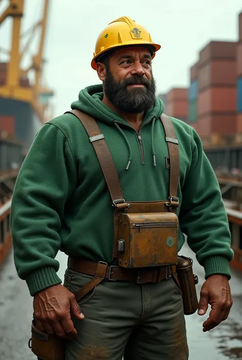  Harbor worker, in good health and wearing a green lemon-green helmet and sweater
